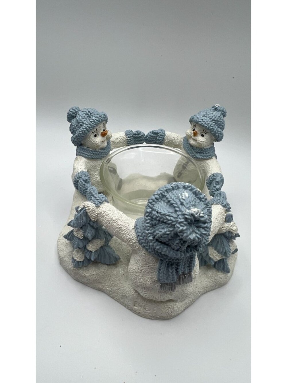 Snowman Candle Holder With Glass Insert - Winter Decor - Hand Painted White & Bl